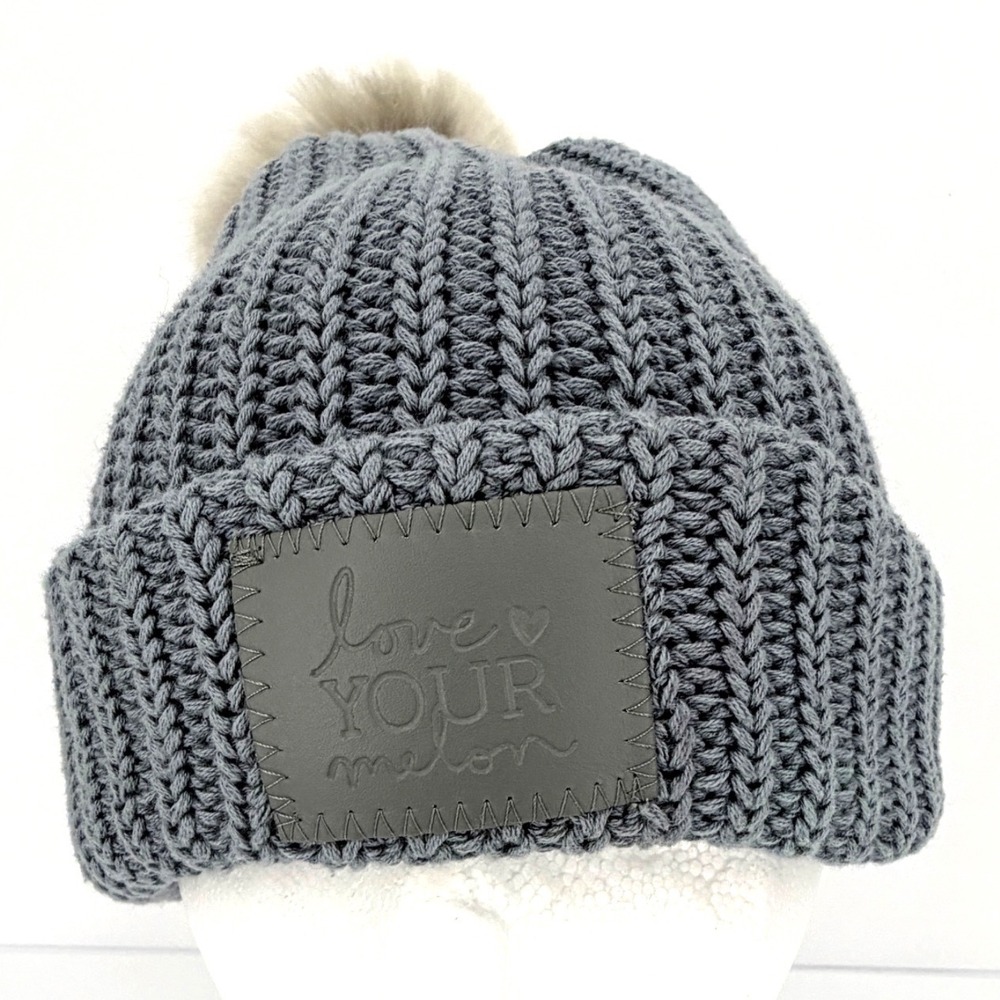 Love Your Melon Gray Pom Beanie Faux Fur Pom Cuffed Knit Hat Made USA